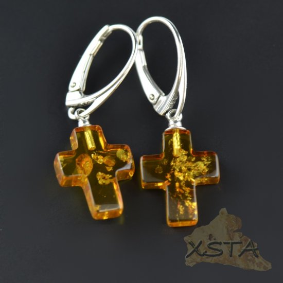 Cross cognac amber earrings with silver